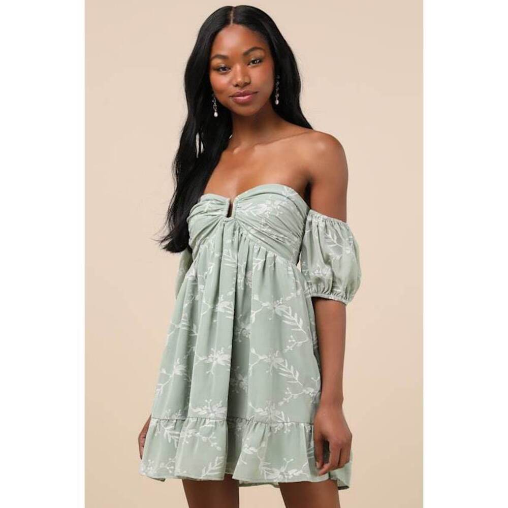 NWT Lulus Cutest Icon Sage Green Embroidered Off-the-shoulder Mini Dress S